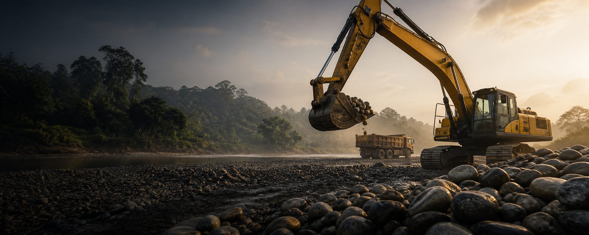 Extracción de agregados en el río Huallaga con maquinaria de Genesis